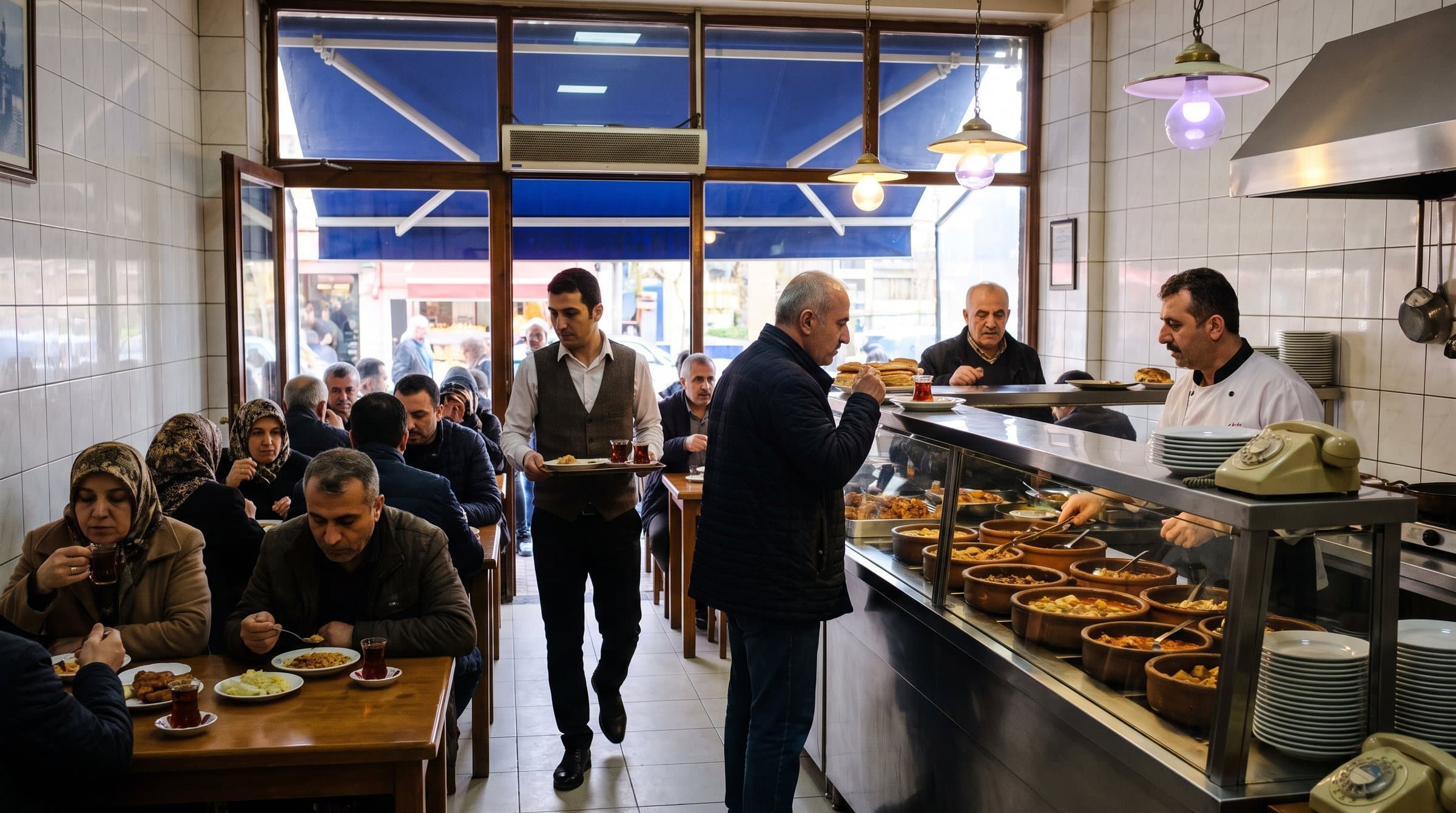 Kadıköy’de bir esnaf lokantasında öğle saatinde tabak ve ince belli bardaklarda çay taşıyan garson